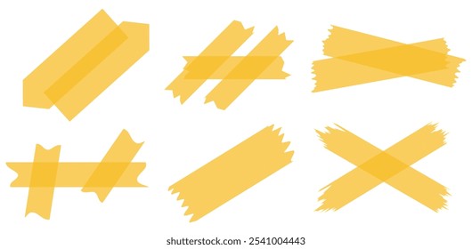 Set of yellow semi-transparent washi tapes isolated on white. Tapes collection in vector. Pieces of decorative tape for scrapbooks. Torn paper	