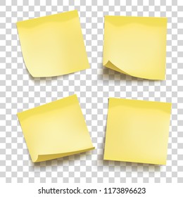 Set of yellow sheets of note papers. Four sticky notes. Vector illustration