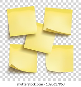 Set of yellow sheets of note papers. Five sticky notes. Template for design. Yellow note with place for you text over transparent background. Office supplies. Vector illustration