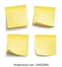 Set of yellow sheets of note papers. Four sticky notes. Vector illustration