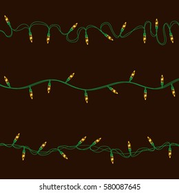 Set of yellow shining garland lights with holders isolated on transparent background. Christmas, New Year party decoration realistic design elements. Glowing lights for Xmas. Holiday greeting design.