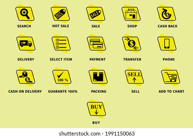 Set of yellow shopping icons with black symbols and text, representing various e-commerce functions like buy, sale, delivery, and payment