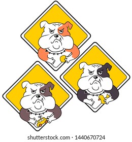 Set of yellow signs with funny angry black and brown dog - english bulldog, playing toy car/ ball/ toy duck. Line art vector illustration on yellow background.