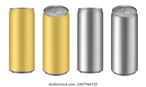 Set of yellow and silver tin cans of energy drink, juice or soda. Cocktail or fitness drink. Cold beverages. Can top view