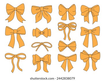 Set of yellow simple decorative holiday ribbon bows for gifts, for decorating hair on transparent background. For gift wrapping for birthday, Christmas, New Year. Isolated Flat Vector EPS10