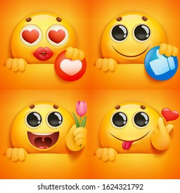 Set of yellow smile face emoji characters in various emotions and situations. Vector illustration