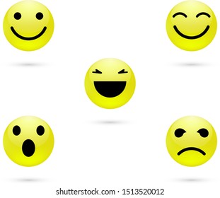 Set of yellow smile face icons or emoticons with different facial expressions in glossy isolated in white background. Vector illustration
