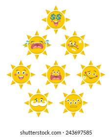 Set of yellow smile faces of sun. Vector collection.