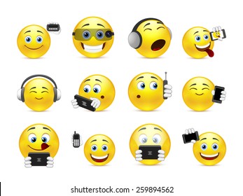 Set of yellow smiles with different gadgets