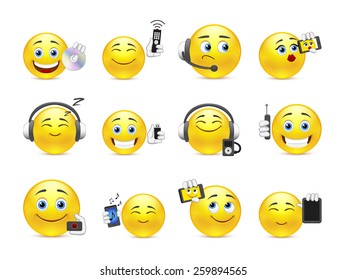 Set of yellow smiles with different gadgets