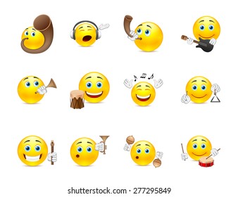 Set of yellow smiles that play on different types of musical instruments