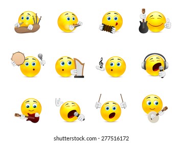 Set of yellow smiles that play on different types of musical instruments