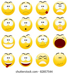 Set of yellow smiles. Vector illustration, isolated on a white.