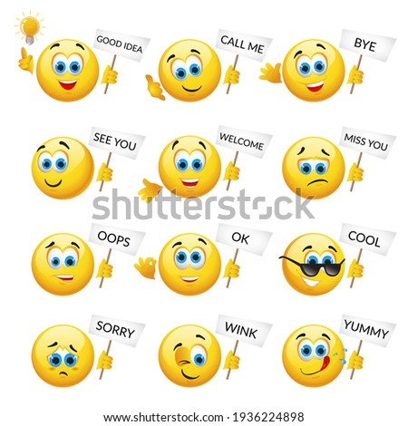 Set of Yellow smiles. Vector illustration in realistic style close-up