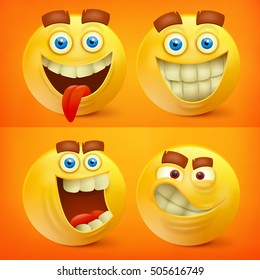 Set of yellow smiley characters with different emotions. Vector illustration