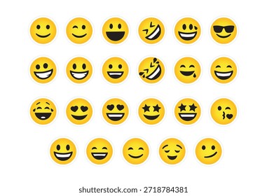 Conjunto de caras de emoji sonrientes amarillas con varias expresiones aisladas sobre fondo blanco. Divertida colección de emoticonos para chat, redes sociales, interfaz de usuario del App, pegatinas, Diseño web y comunicación digital.