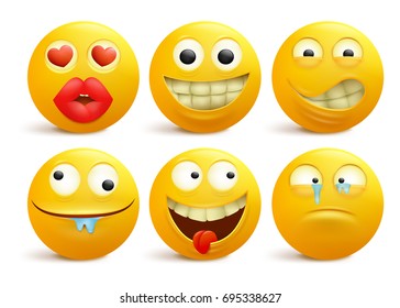 Set of yellow smiley face emoticon cartoon characters. Vector illustration