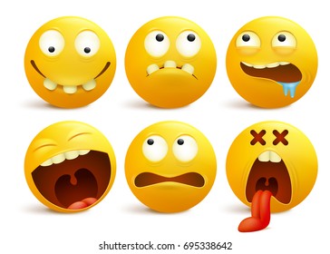 Set of yellow smiley face emoticon cartoon characters. Vector illustration
