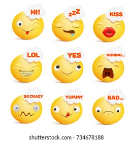 Set of yellow smiley face emoticon characters in various emotions. Vector illustration