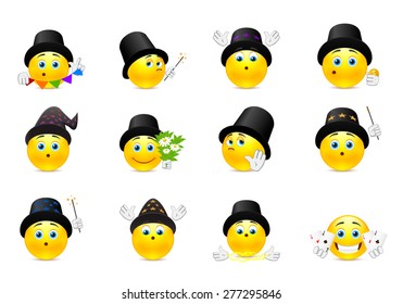 Set of yellow smiley face on the theme of magic