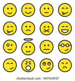 Set of yellow smiley faces icons, emoticons, emoji isolated on white background, vector illustration