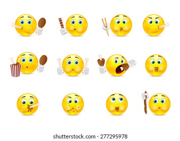 Set of yellow smiley who eat meat and various other foods