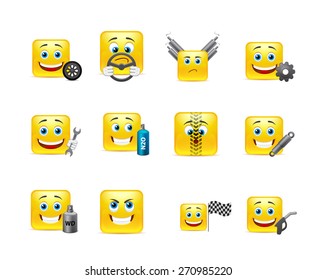 Set of yellow smileys square of twelve pieces on automotive topics