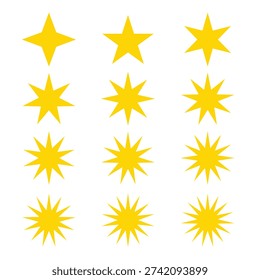 set of Yellow sparkle stars, stars in different shapes, stars clip art decoration, on white background, Yellow Sparkle and Star Clipart Set, Cute Shining Star Icons, Star icons vector set. yellow sparkles. Twinkling stars, shining burst. Christmas vector symbols isolated on a white background