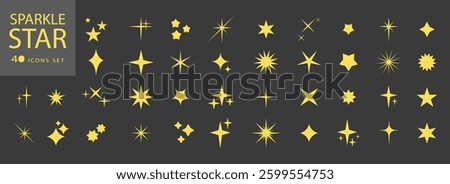 Set of yellow sparkle twinkle stars. Modern star shape design collection of 40 elements. Four-pointed, pentagonal, hexagonal and polygonal stars and group os stars. Isolated on the black background