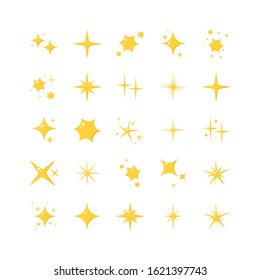 Set of yellow sparkles. Collection of twinkling star symbol isolated on white background. Cartoon style. Vector illustration.	