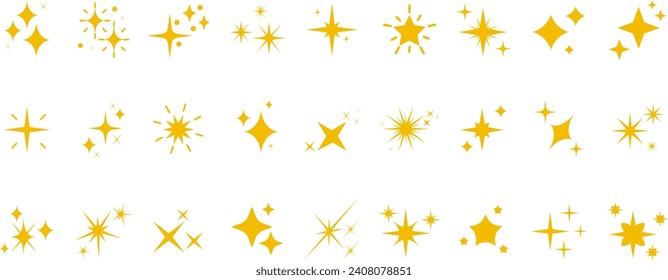 Set of yellow sparkles star icons.Rating star .Bright vector stars.Flash,shine sparkle icon,glare,light,blink star. Modern simple golden stars collection.	