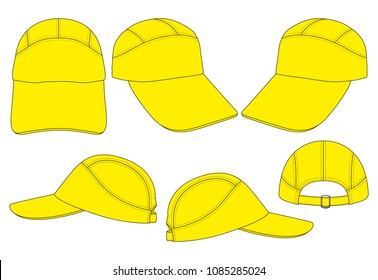 Set Yellow Sport Baseball Cap With Trim Style Template Vector.