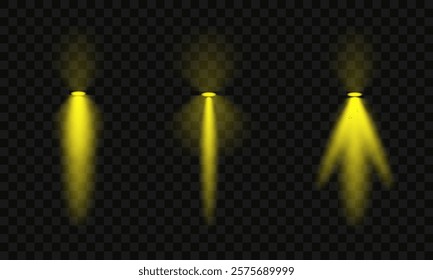 A set of yellow spotlight effects on a dark background. Collection of vector flares. Yellow glare. Vector illustration EPS10