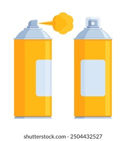 Set of yellow spray paint cans with silver caps, one spraying paint. Flat vector illustration isolated on white background. Art supplies and graffiti concept. Perfect for creative projects