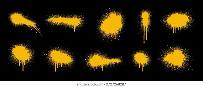 Conjunto de salpicaduras de pintura en aerosol amarillo, goteos y salpicaduras en negro. Elementos de diseño estilo graffiti para el arte urbano y texturas grunge.