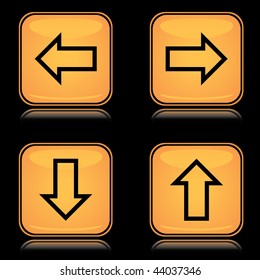 Set of yellow square arrow icons with reflection over black