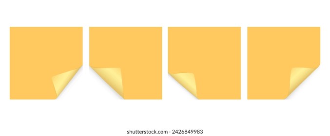 Set of yellow square sheets of note papers, sticky notes with curled corner and shadow, page curl turning effect. Vector illustration on isolated background.