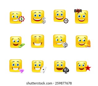 Set of yellow square smiles on gambling themes