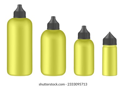 Set of yellow squeeze bottles. Colorful hair dye, oxidant cream. E-juice vape liquid. Foundation container	