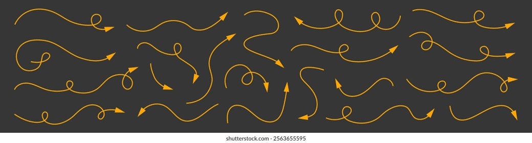 Set of yellow squiggle line arrows. Line curved vector editable stroke arrows