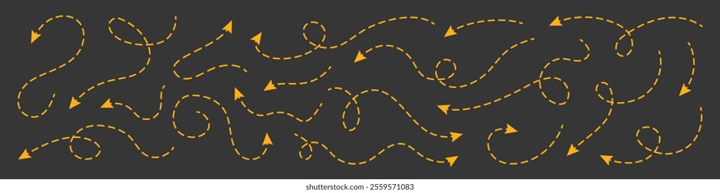 Set of yellow squiggle line dashed arrows. Dash curved vector editable stroke arrows