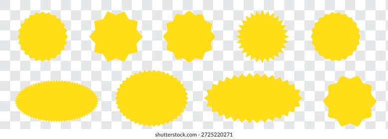 Conjunto de etiquetas de forma de ráfaga de estrella amarilla para el Precio. Etiqueta engomada del círculo. Insignias de promoción de borde ondulado. Colección de pegatinas de venta en blanco. Iconos del vector de la estrella.