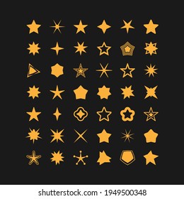Set of yellow star icons. Collection of stars sparkles isolated on dark background. Flat design different shape. Twinkling effect shiny for decorative award, favorite, Christmas. Vector illustration.