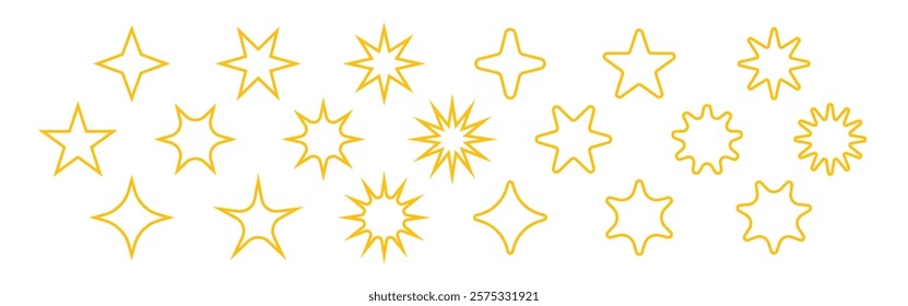 Set of yellow star outlines in various shapes. Star outlines vary in design. Yellow star outlines create a playful, decorative pattern. Isolated illustration elements, vector set.