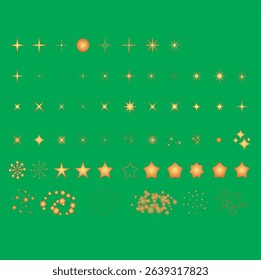 Set of yellow starburst icons on a green background. Starburst designs vary in shape. Starburst collection ideal for graphic design projects. Isolated illustration elements, vector set.