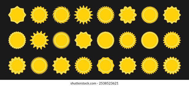 Conjunto de Precio amarillo de estallido estelar. Insignias de Sunburst. Vector de la etiqueta engomada de la estrella en fondo oscuro. Etiquetas simples en estilo plano.