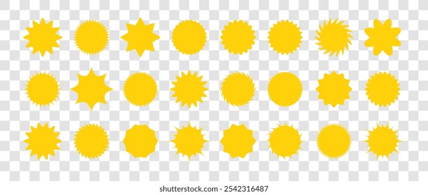 Conjunto de Precio amarillo de estallido estelar. Insignias de Sunburst. Vector de la etiqueta engomada de la estrella en fondo transparente. Etiquetas simples en estilo plano.