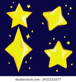 Set of yellow stars of different shapes on a blue background. Realistic 3D design in cartoon style. vector illustration