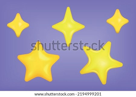 Set of yellow stars different shapes. Glossy stars. Realistic 3d design cartoon style. Vector illustration