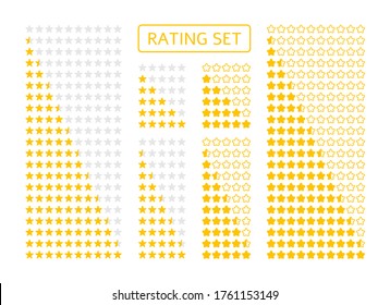 Set of yellow stars rating. Five and ten star customer product rating customer review. Appraisal, half assessment in flat style. Level rank icon for app, website. Isolated on white vector illustration